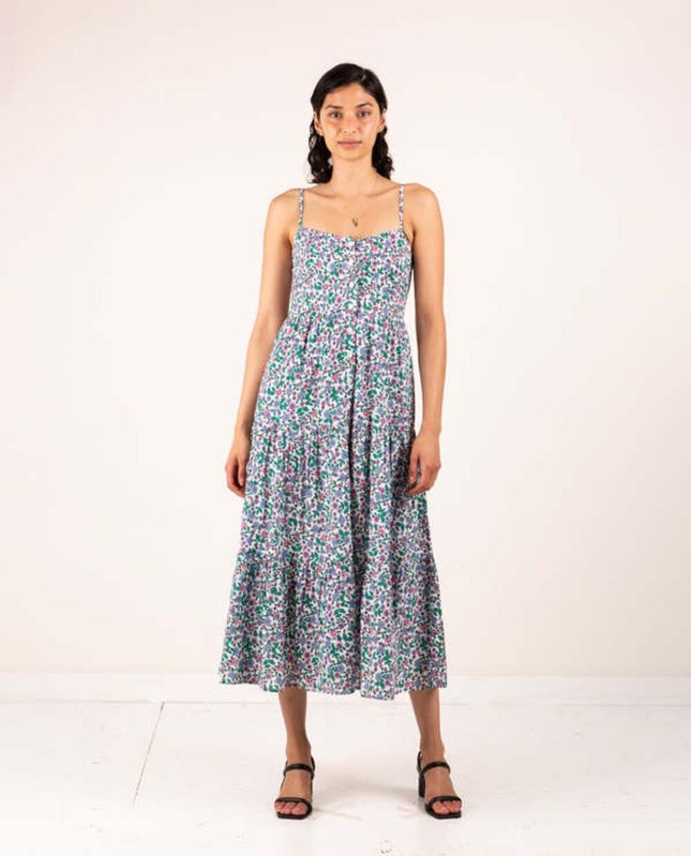 Banjanan Beryl $340 Hedgehog White Blue Floral Maxi Tiered Cotton Dress EUC XS